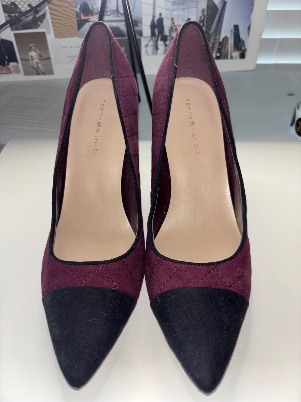 Tommy Hilfiger Burgundy and Black Quilted Pointed-Toe Pumps
